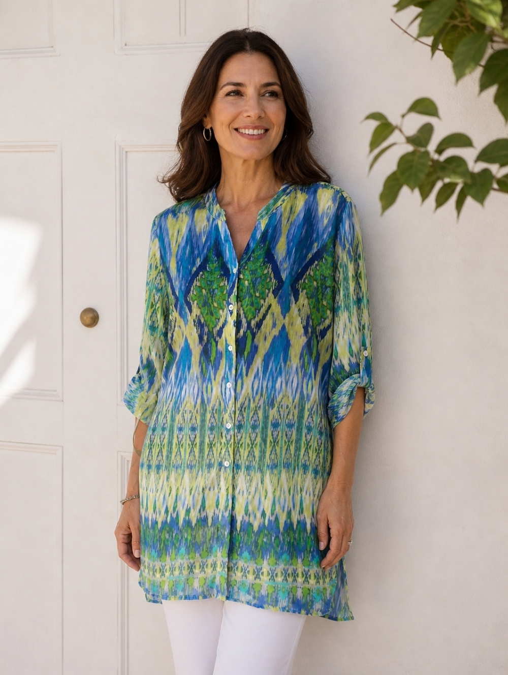 Chicos Sheer Button Down XL/Size 3 Tunic Blue Green Abstract Art Print 3/4 Slv